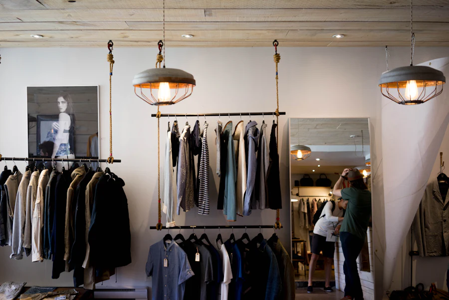 Clothing racks in a bright, tidy boutique