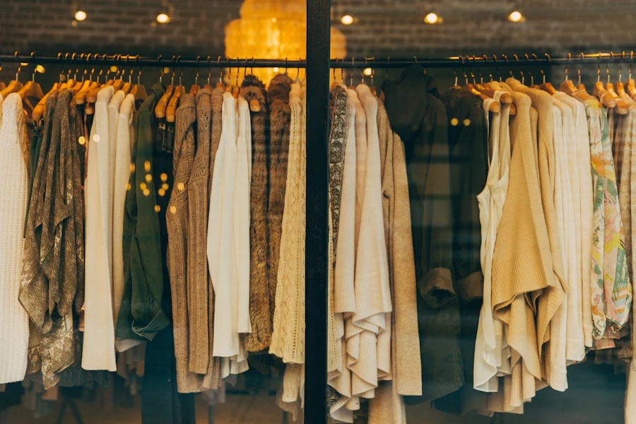 Dresses on a display rail beside a sunny window